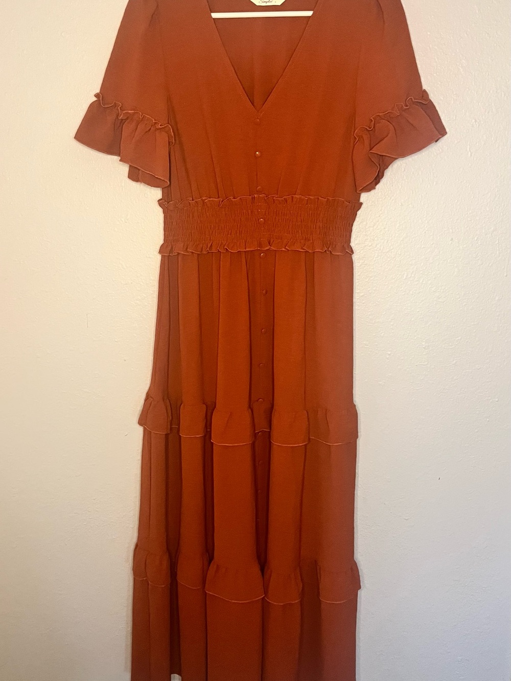 Simplee Apparel Rust Ruffle-Sleeve Tiered Maxi Dress